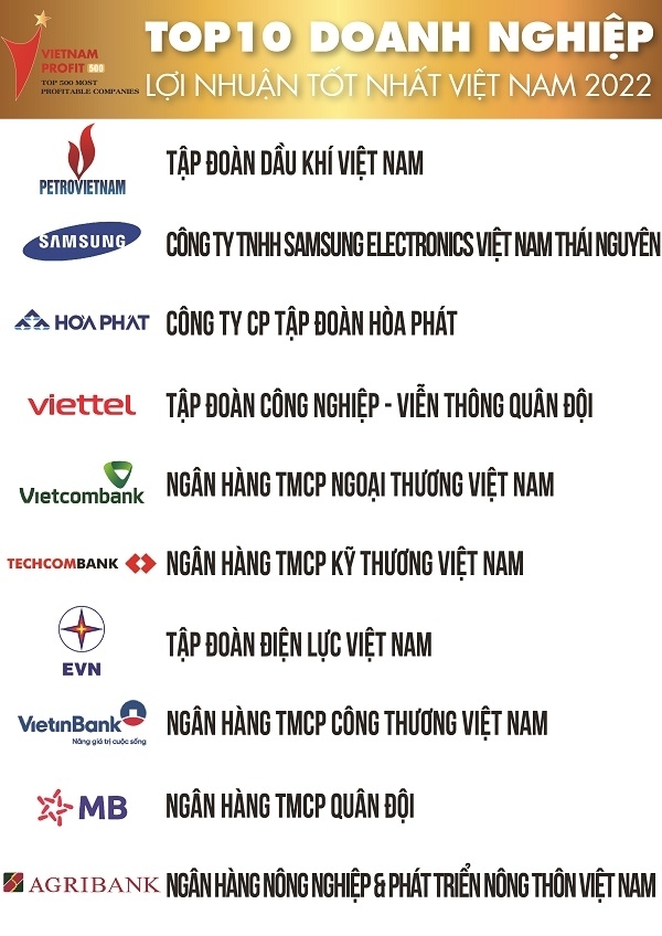 Top 10 Bảng xếp hạng Top 500 Doanh nghiệp lợi nhuận tốt nhất Việt Nam năm 2022